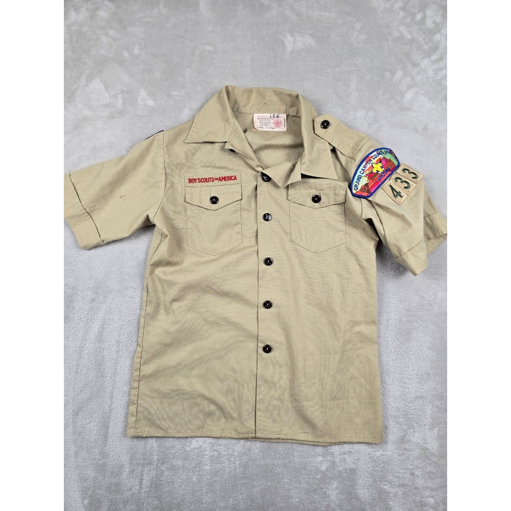 Boy Scouts of America Uniform‎ Shirt Kids Youth Medium Tan Short Sleeve Patches